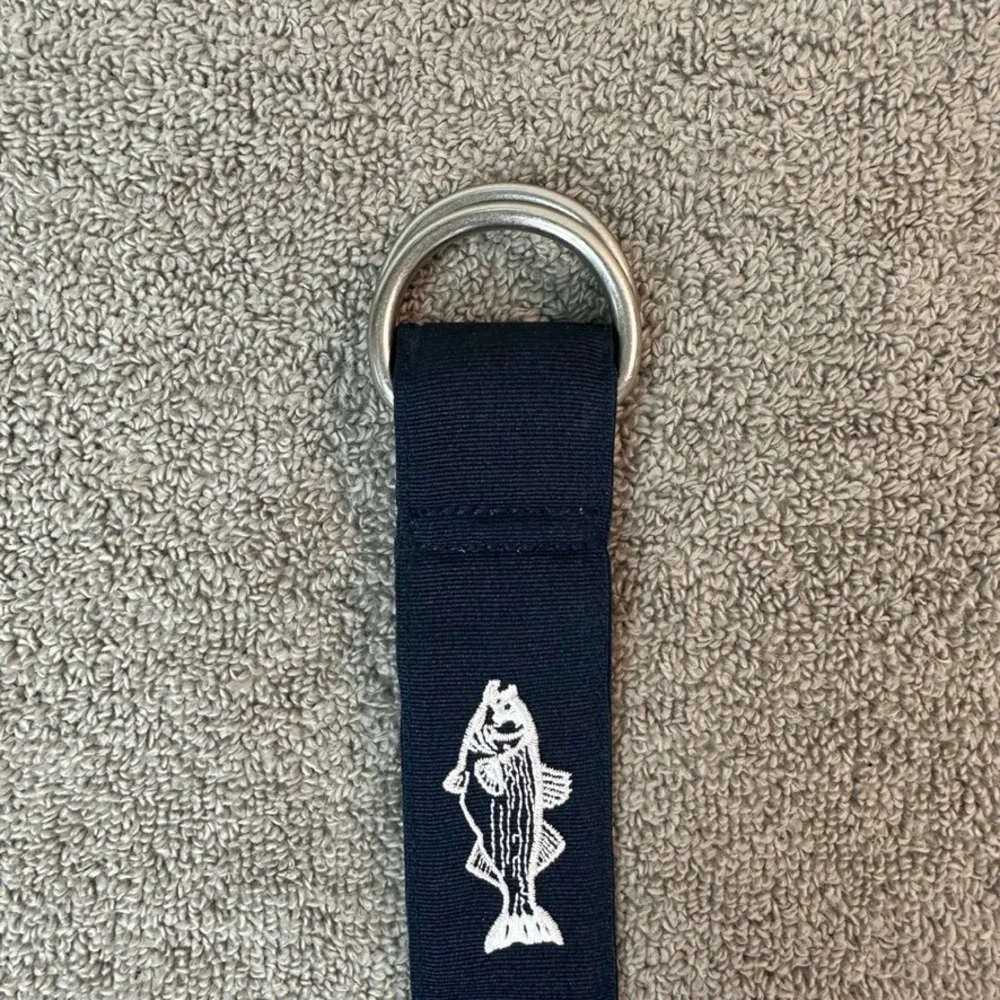 Vineyard Vines Mens Navy Blue Striped Bass Fish Embroidered D-Ring Belt Size M